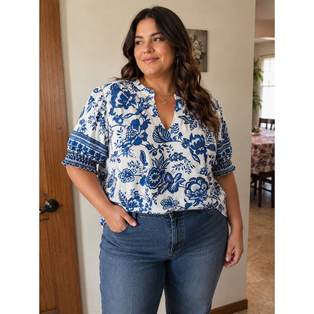 SHEIN Curve Blue White Floral Blouse 3XL Boho Puff Sleeve Cottagecore Top